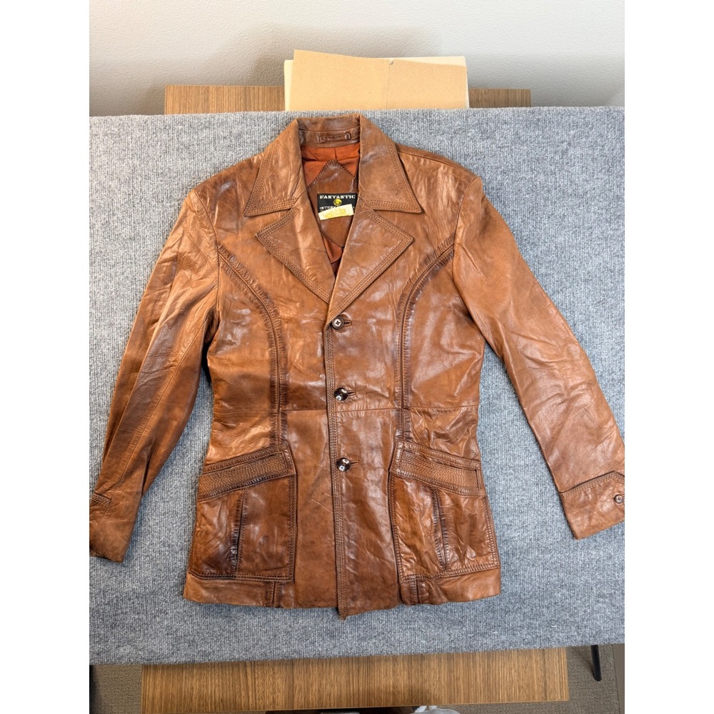 Vintage Fantastic International Brown Leather Jacket Blazer 70s Western Small